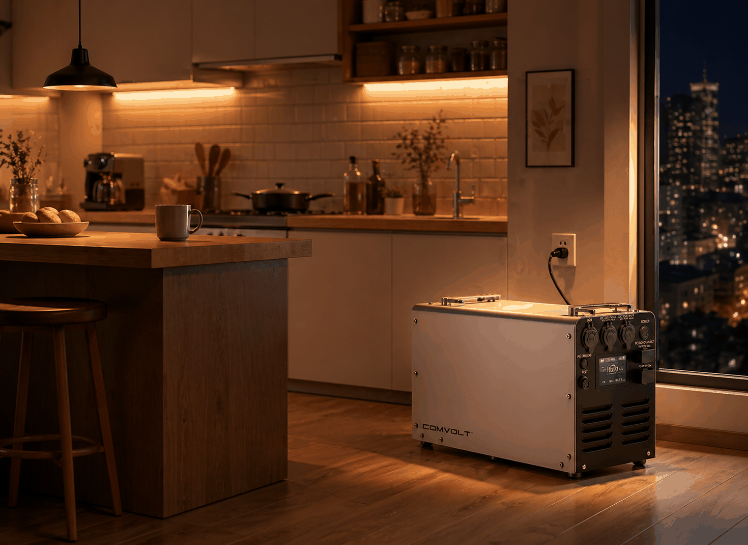 Warm-lit kitchen at night with a power station running