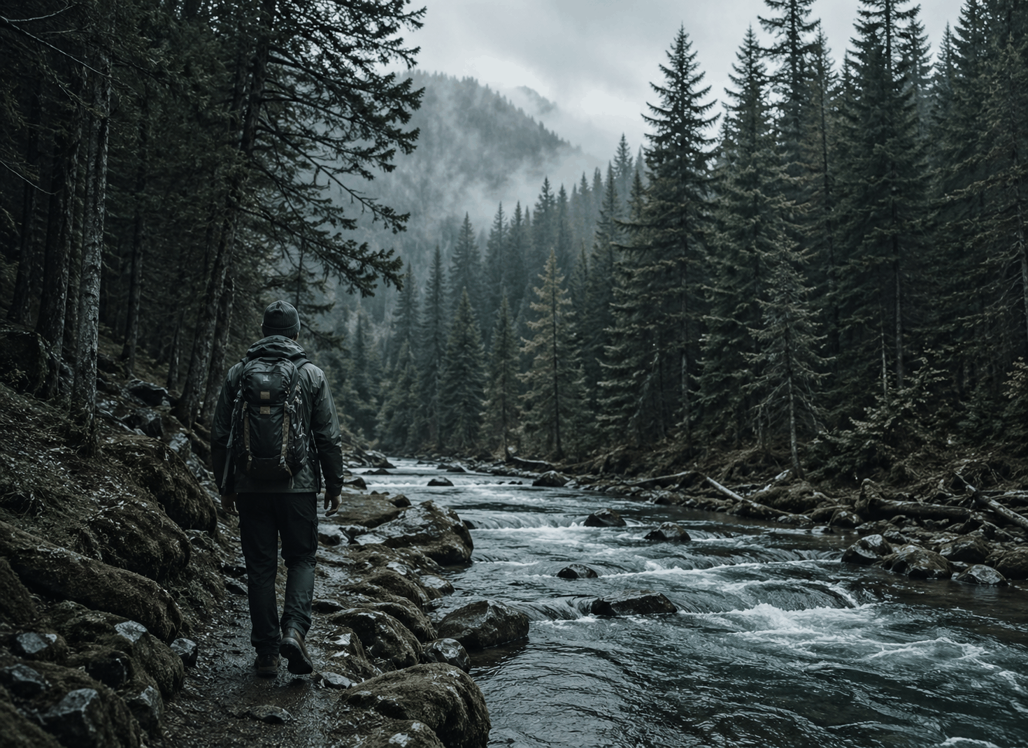 Hiker walking along a riverside forest