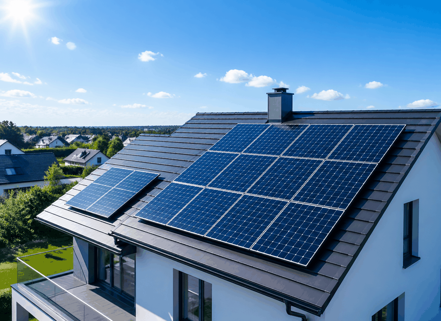 Rooftop solar panels under a clear sky